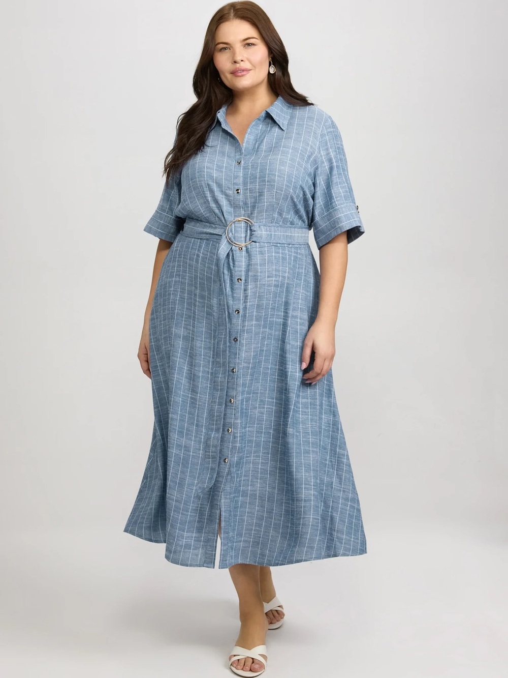 Laura Blue / White Striped Linen-Blend Shirt Dress Plus Size 20 Short sSeeve
